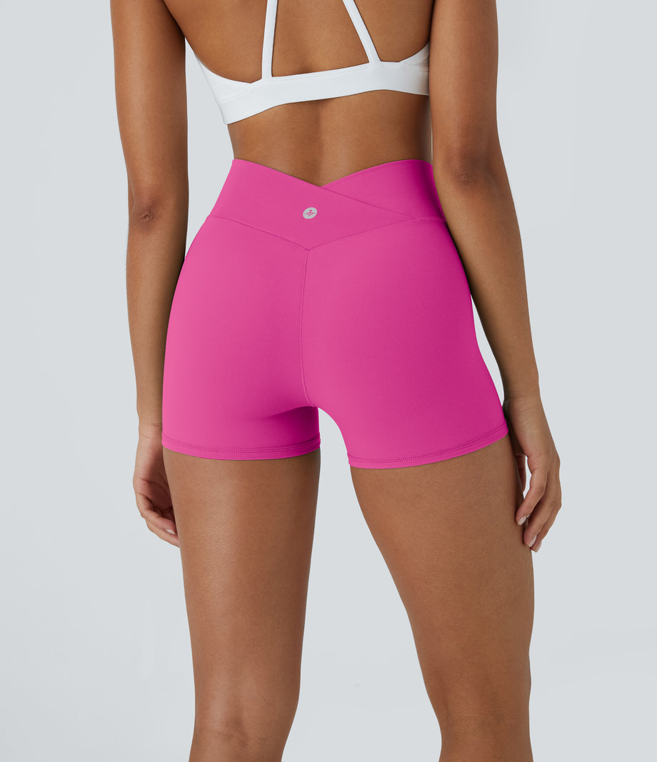SoftlyZero™ High Waisted Crossover Plain Yoga Biker Shorts 3''-UPF50+ - Fedora Red Purple