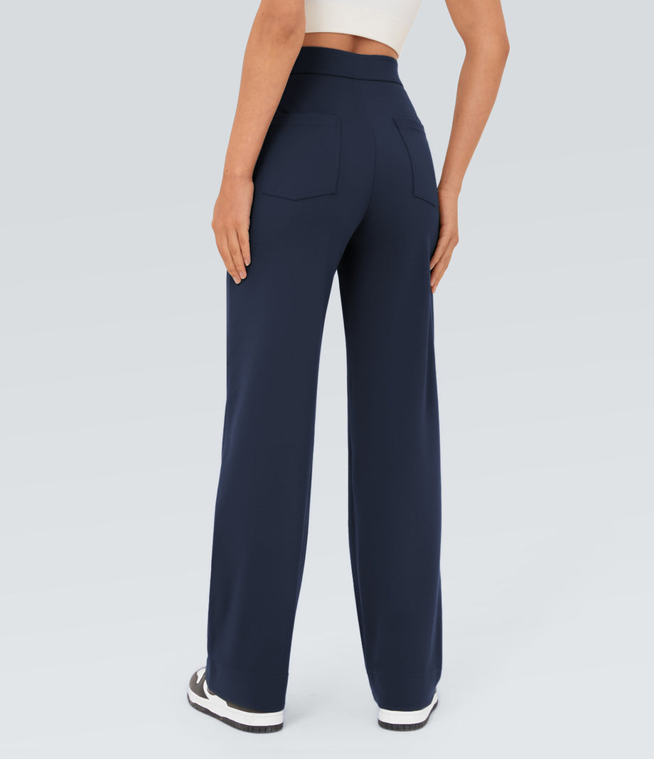 DayStretch High Waisted Pockets Straight Leg Casual Pants - Midnight Blue