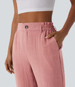 High Waisted Zipper Pocket Cropped Linen-Feel Pants - Rosette