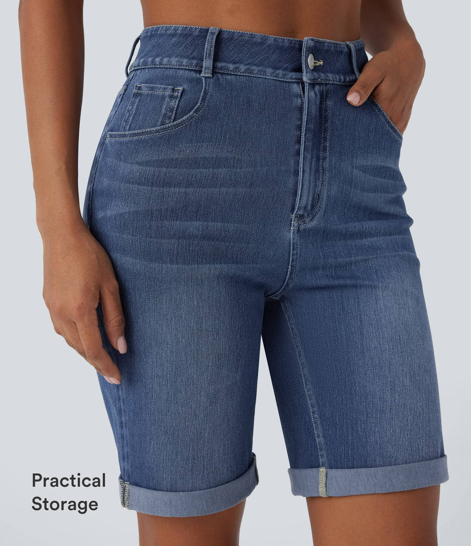 Halara Flex™ High Waisted Pockets Rolled Hem Washed Denim Casual Bermuda Shorts - Paint Blue Denim