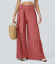 Breezeful™ High Waisted Shirred Tie Front & Back Wide Leg Flowy Quick Dry Casual Pants - Flame Red