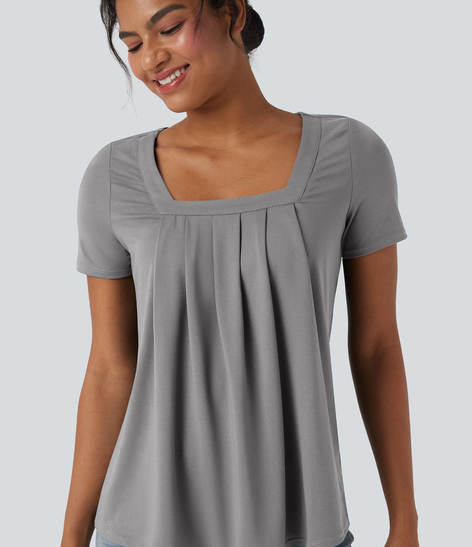 Square Neck Short Sleeve Casual Top - Ultimate Gray