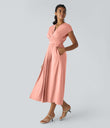 Breezeful™ V Neck Short Sleeve Pocket Tie Back Quick Dry Midi Casual Dress-Longer Length - Blossom