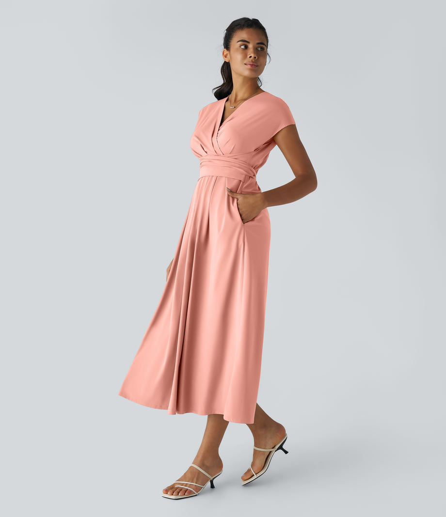 Breezeful™ V Neck Short Sleeve Pocket Tie Back Quick Dry Midi Casual Dress-Longer Length - Blossom