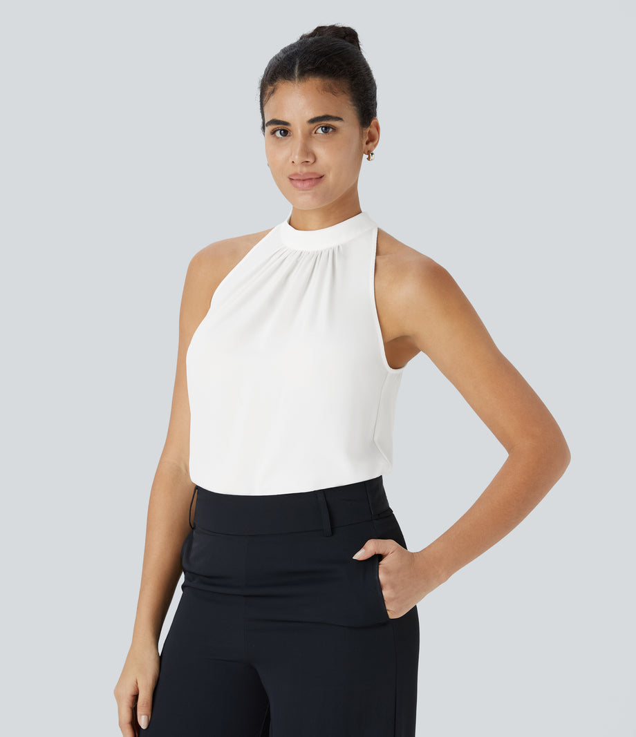 Keyhole Back Halter Sleeveless Curved Hem Work Blouse - Fish Belly White