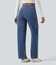 Halara Flex™ Mid Rise Pockets Straight Leg Casual Cargo Jeans - Light Floral Blue Denim