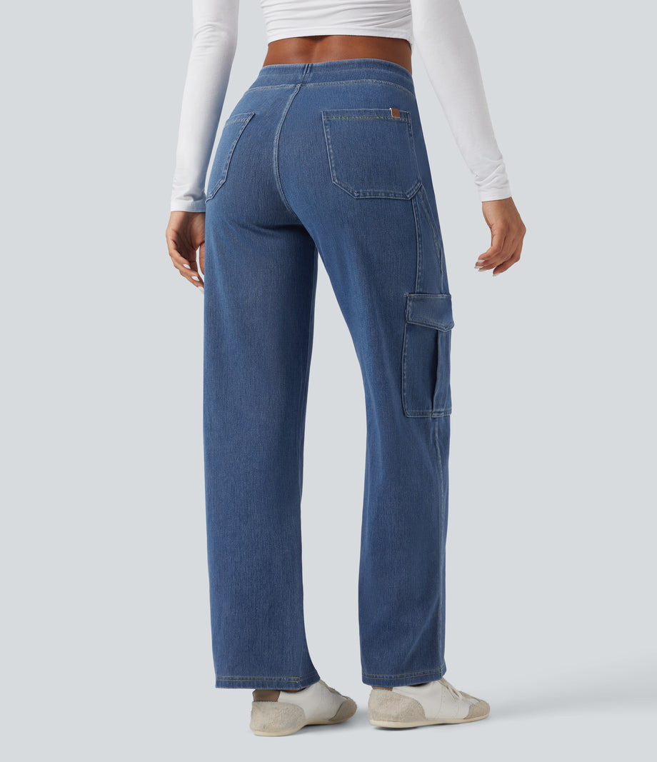 Halara Flex™ Mid Rise Pockets Straight Leg Casual Cargo Jeans - Light Floral Blue Denim