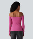 Ribbed Knit Off Shoulder Long Sleeve 2-in-1 Casual Top - Lilac Rose