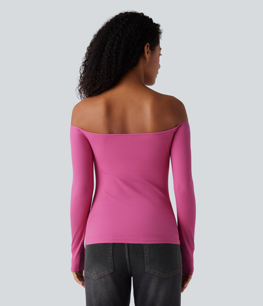 Ribbed Knit Off Shoulder Long Sleeve 2-in-1 Casual Top - Lilac Rose