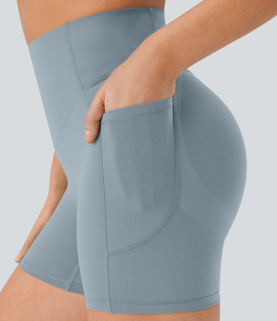 Halara UltraSculpt™ High Waisted Scrunch Butt Lifting Tummy Control Pocket Shaping Workout Biker Shorts 5'' - Blue Flower Gray