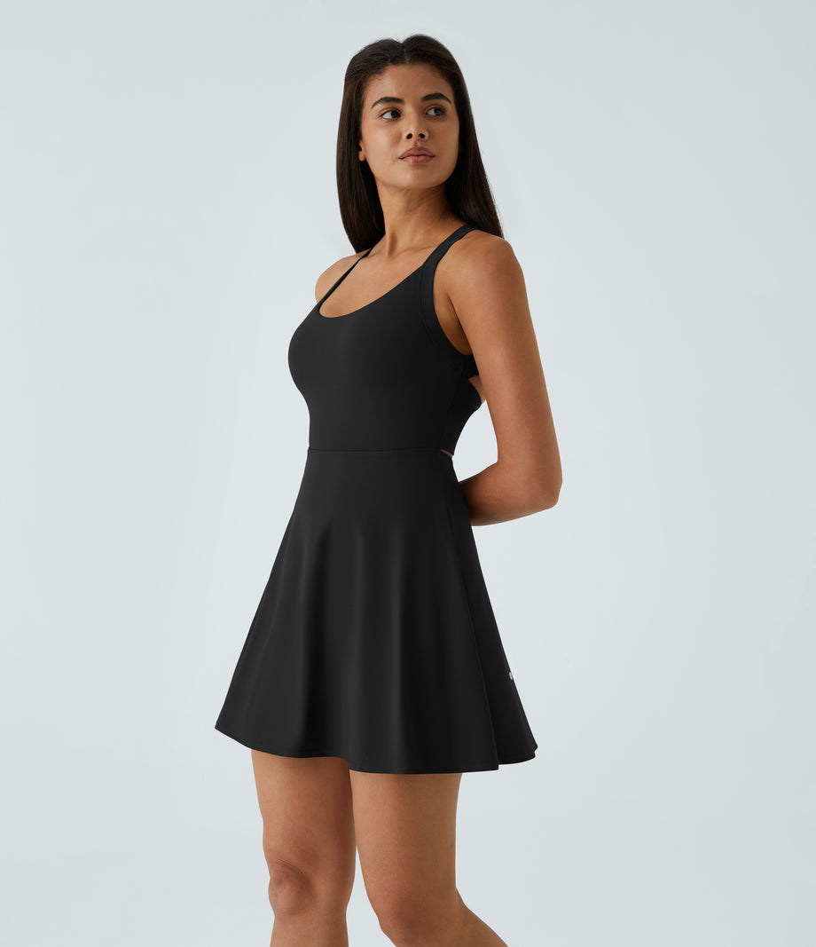 SoftlyZero™ Airy Backless Twisted Flare Low Support Dance Active Dress-Longer Length-Easy Peezy Edition A-D Cups - Black