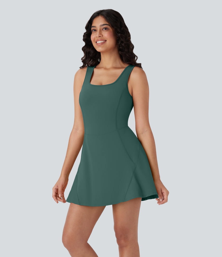SoftlyZero™ Airy U Neck 2-in-1 Pocket Mini Cool Touch Dance Active Dress - Blue Spruce