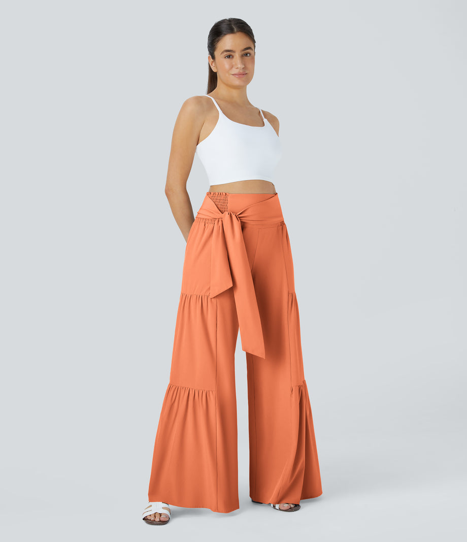 Breezeful™ High Waisted Shirred Tie Front & Back Wide Leg Flowy Quick Dry Casual Pants - Blush Orange
