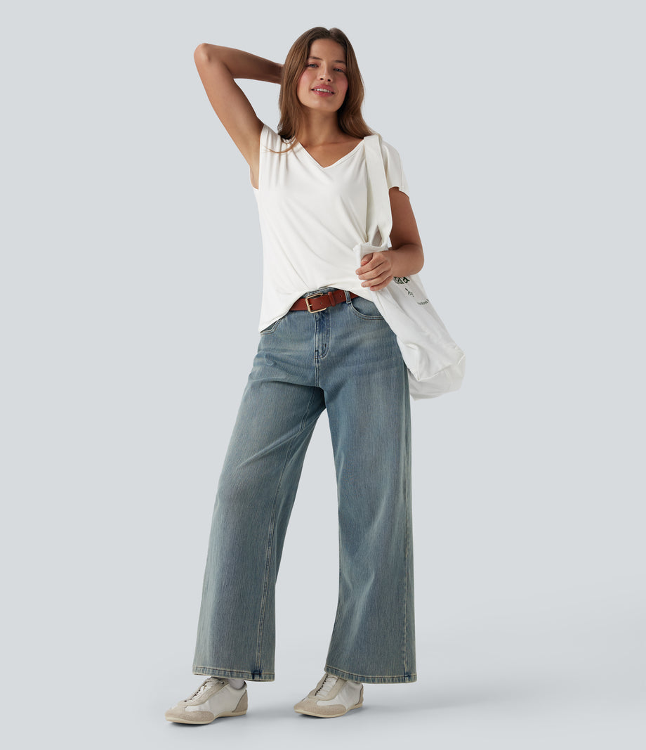 V Neck Short Sleeve Casual T-Shirt - White