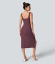 SoftlyZero™ Airy Square Neck Backless Corset Ruched Split Bodycon Midi Cool Touch Bridesmaid and Wedding Guest Dress - Fig