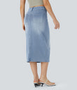 Halara Flex™ High Waisted Pockets Bodycon Washed Denim Casual Midi Skirt - Gray Blue Denim