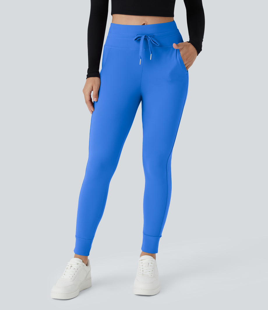 SoftlyZero™ Plush High Waisted Drawstring Pocket Plain Full Length Joggers - Strong Blue