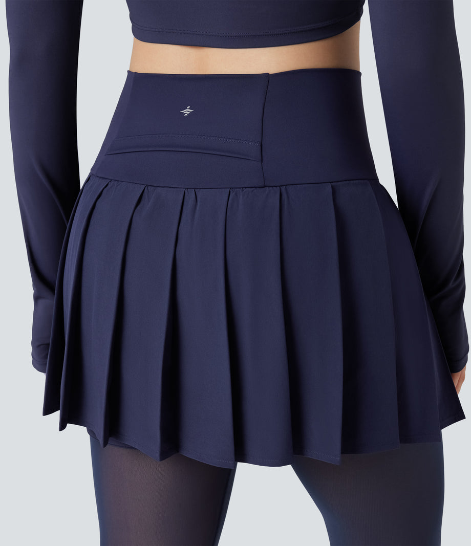 Breezeful™ High Waisted Pleated 2-in-1 Contrast Mesh Quick Dry Dance Stirrup Skirted Leggings with Pockets - Patriot Blue