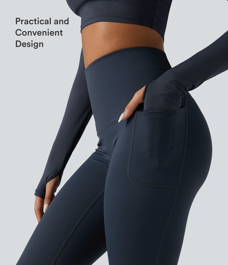 Halara Ultrasculpt™ Heat High Waisted Tummy Control Crossover Back Fleece Running Leggings with Pockets - Blueberry