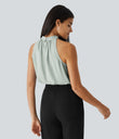 Keyhole Back Halter Sleeveless Curved Hem Work Blouse - Pale Clay Green
