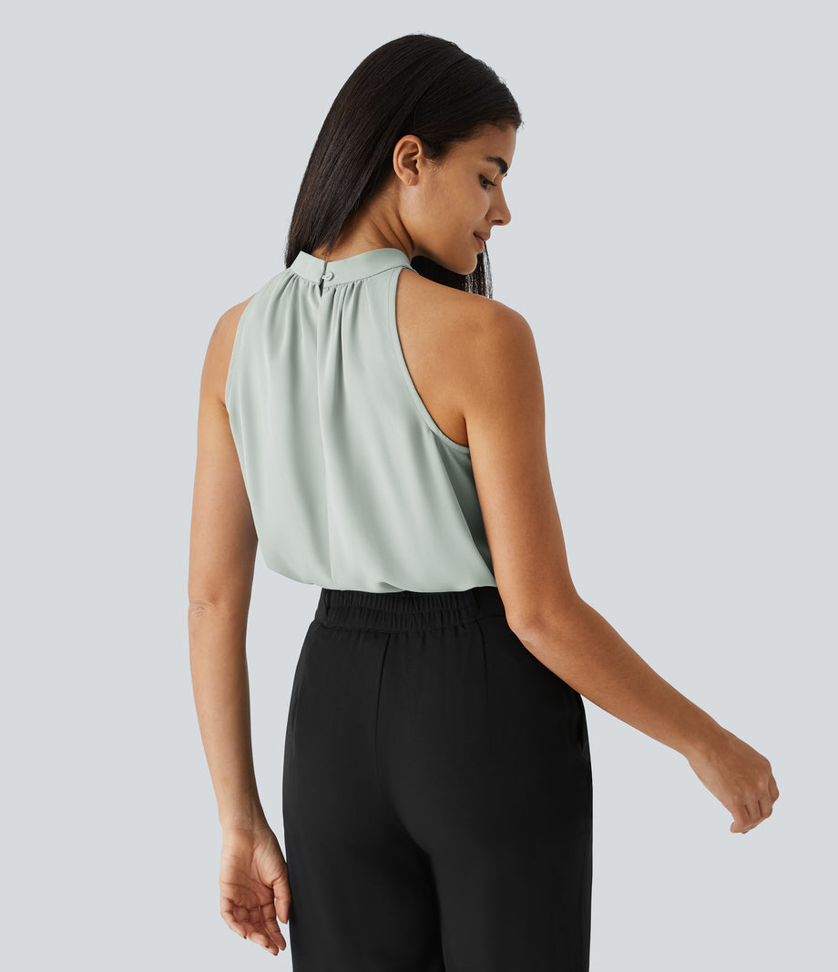 Keyhole Back Halter Sleeveless Curved Hem Work Blouse - Pale Clay Green