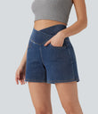 Halara Flex™ Crossover High Waisted Pockets Wide Leg A Line Washed Denim Casual Shorts - Estate Blue Denim
