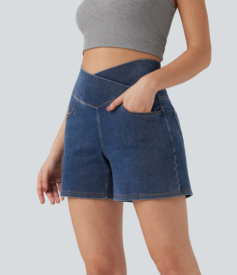 Halara Flex™ Crossover High Waisted Pockets Wide Leg A Line Washed Denim Casual Shorts - Estate Blue Denim