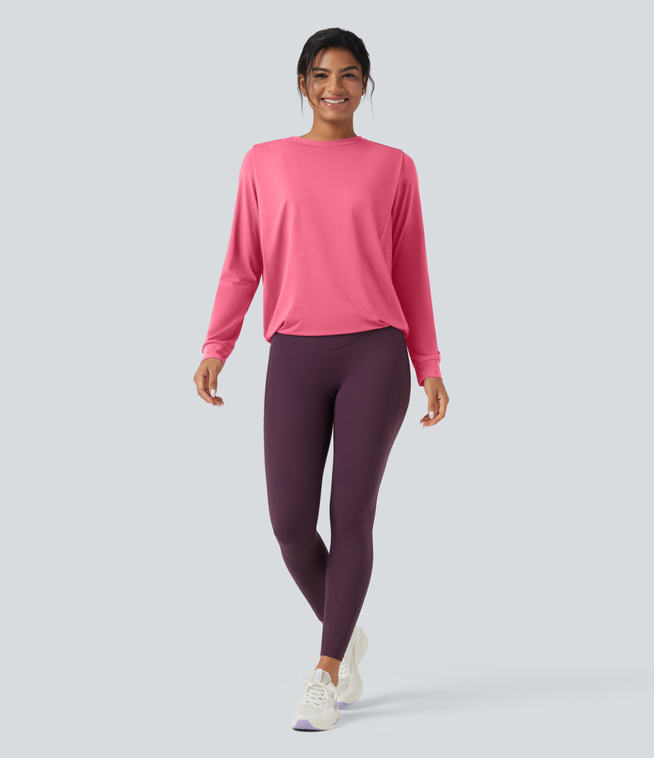 Round Neck Long Sleeve Ruched Yoga Sports Top-UPF50+ - Pink Lemonade