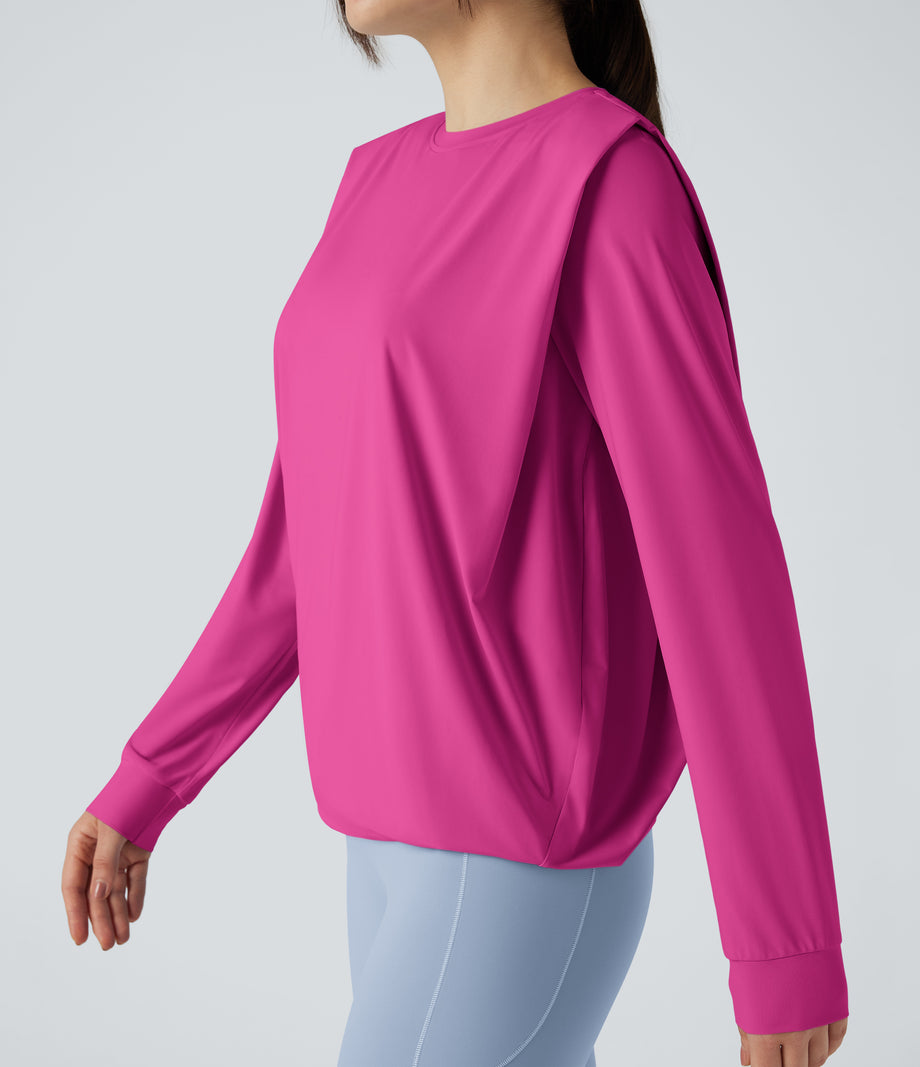 Round Neck Long Sleeve Ruched Yoga Sports Top-UPF50+ - Fuchsia Fedora
