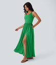 Twisted Backless Split Flowy Maxi Resort Dress with Pockets - Dewleaf Green
