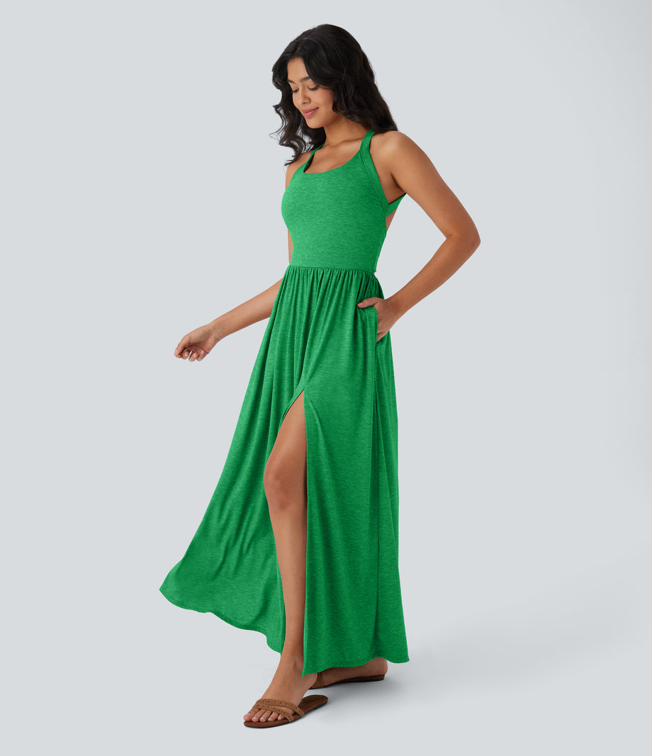 Twisted Backless Split Flowy Maxi Resort Dress with Pockets - Dewleaf Green