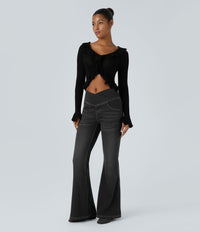 Halara Flex™ High Waisted Crossover Pocket Washed Casual Flare Jeans - Carbon Paint Denim