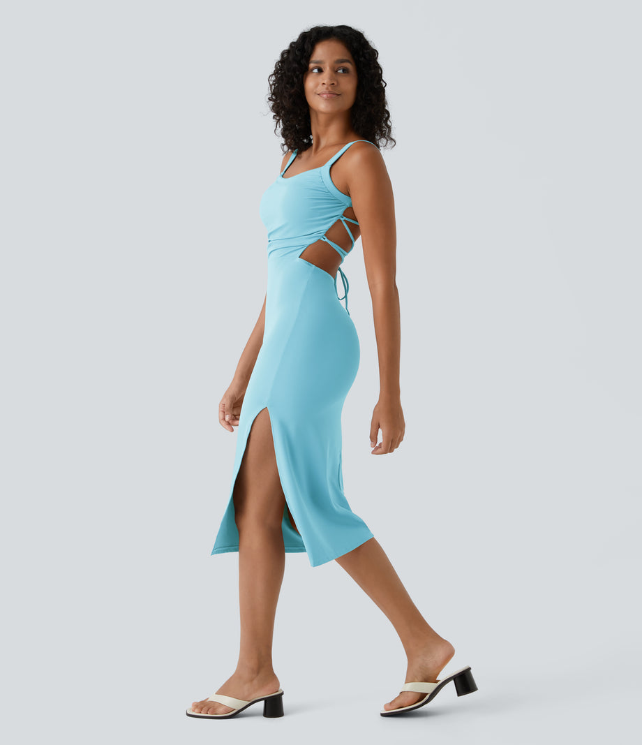 Ruched Lace Up Bodycon Midi Casual Dress - Spun Sugar