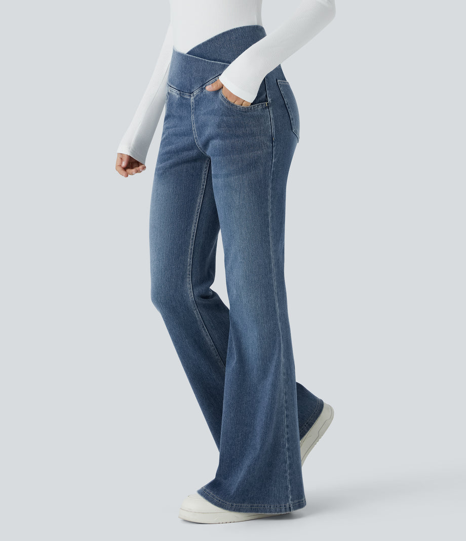 Halara Flex™ High Waisted Crossover Pocket Washed Casual Flare Jeans - Frost Blue Denim