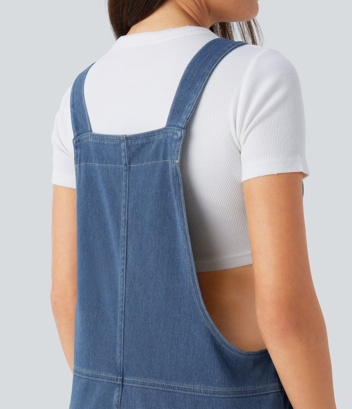Halara Flex™ V Neck Pocket Washed Denim Casual Overalls - Light Floral Blue Denim