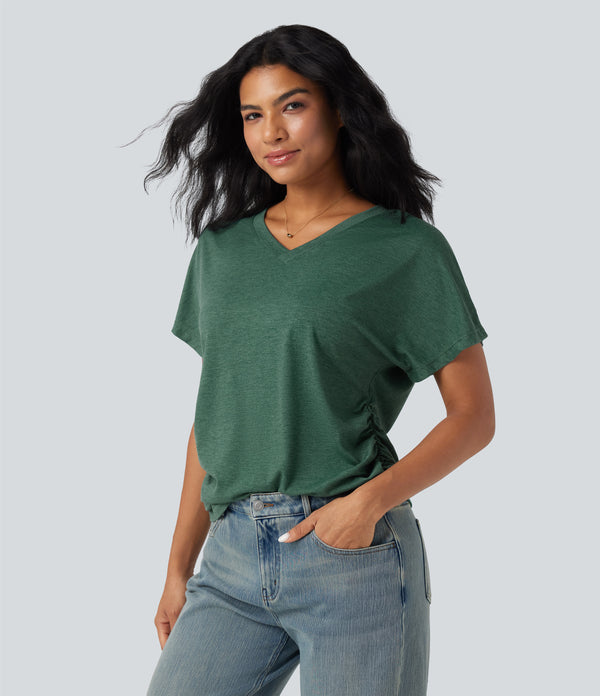 V-neck Short Sleeve Ruched Relaxed Casual Top - Emerald Floral Yarn