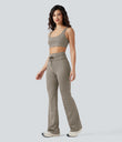 High Waisted Drawstring Stripe Flare Yoga Pants with Pockets - Sandstone Beige