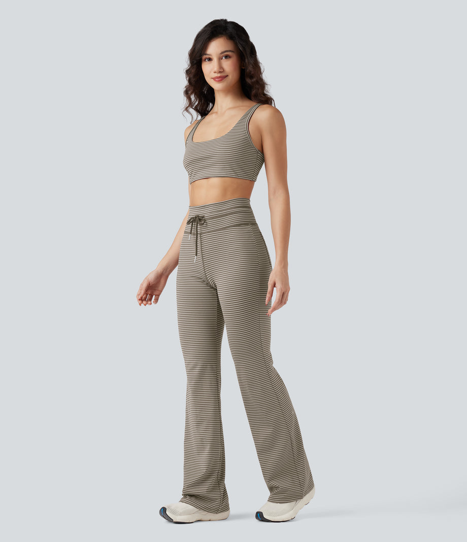 High Waisted Drawstring Stripe Flare Yoga Pants with Pockets - Sandstone Beige