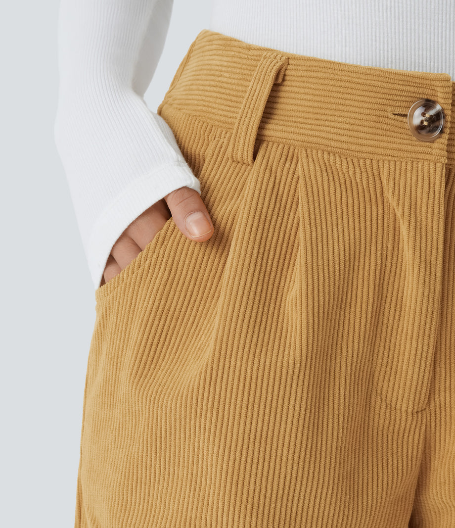 Mid Rise Zipper Pocket Corduroy Casual Pants - Amber Gold
