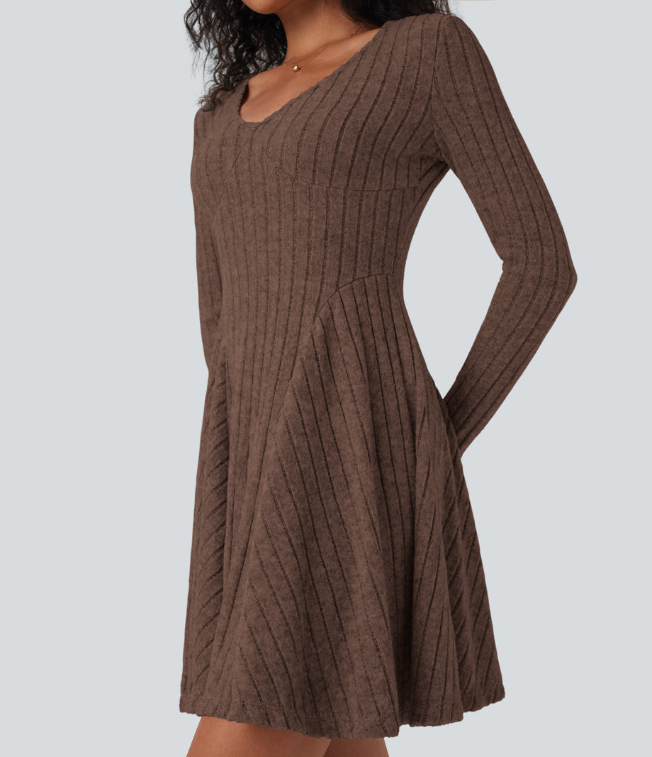Ribbed Knit V Neck Long Sleeve Flare Mini Casual Dress with Pockets - Earthy Brown Floral Yarn