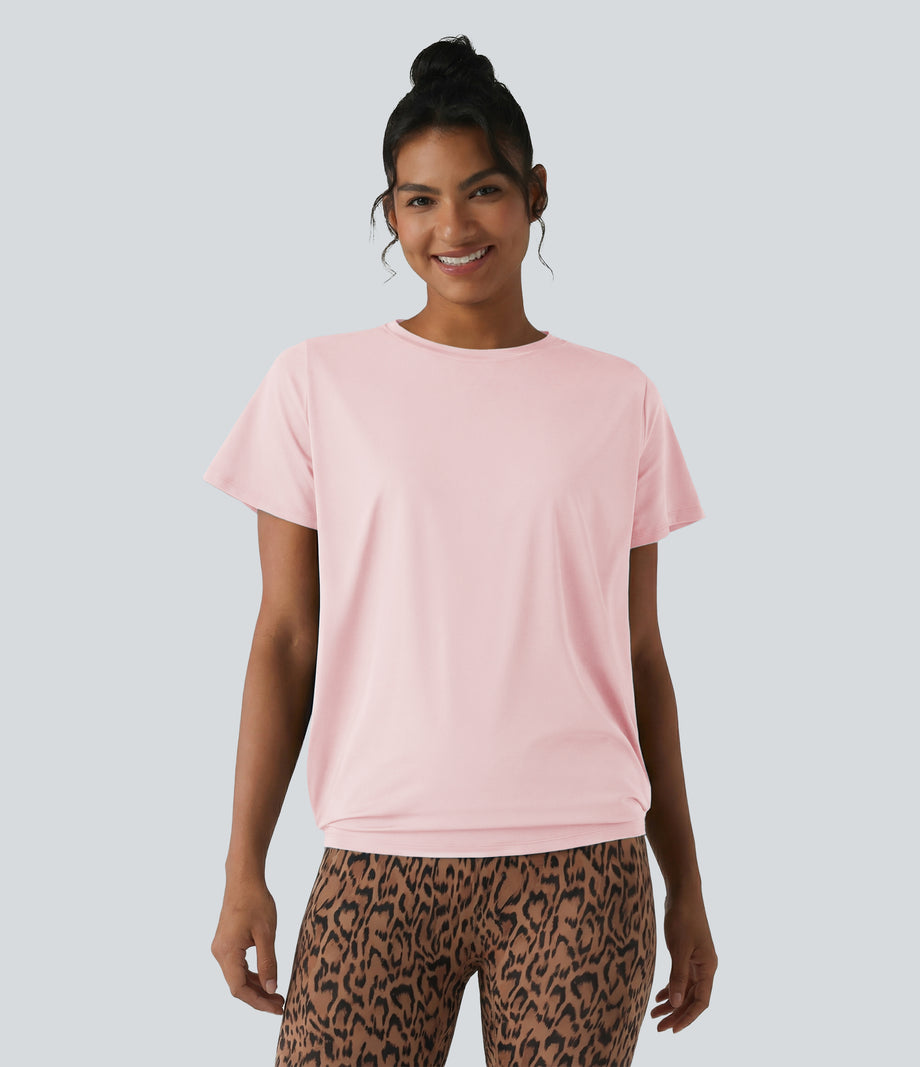 Round Neck Short Sleeve Ruched Cool Touch Yoga Sports Top-UPF50+ - Primrose Pink