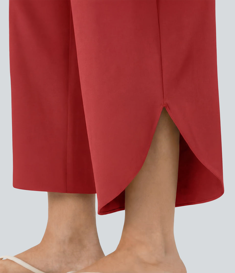 Breezeful™ High Waisted Tummy Control Split Hem Quick Dry Resort Pants with Pockets - Pompeian Red