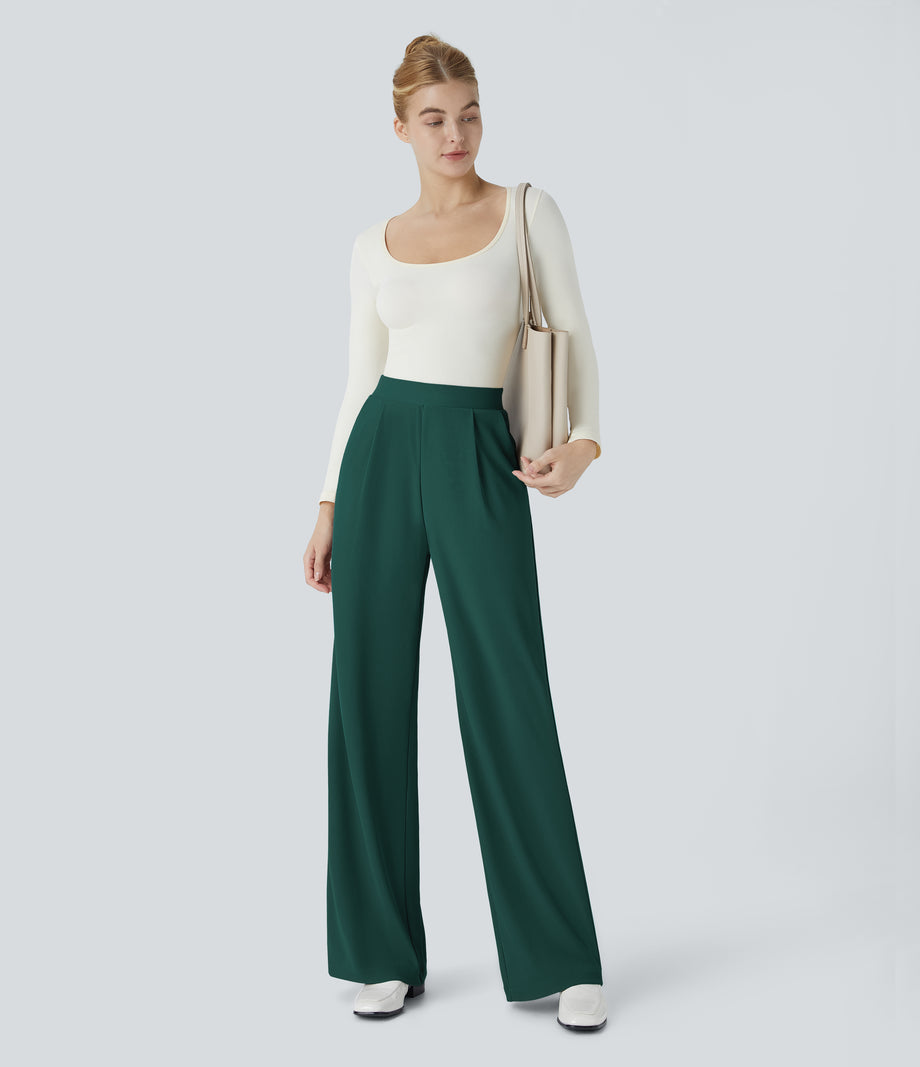 Halara Flex™ High Waisted Body Sculpt Waist-Slimming Pocket Wide Leg Micro Waffle Work Pants - Rain Forest