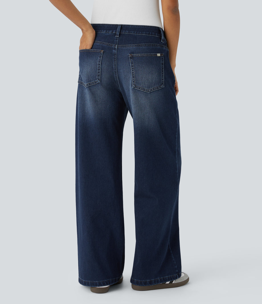 Halara Flex™ Low Rise Zipper Pockets Washed Baggy Wide Leg Casual Jeans - Distressed Denim Dark Blue