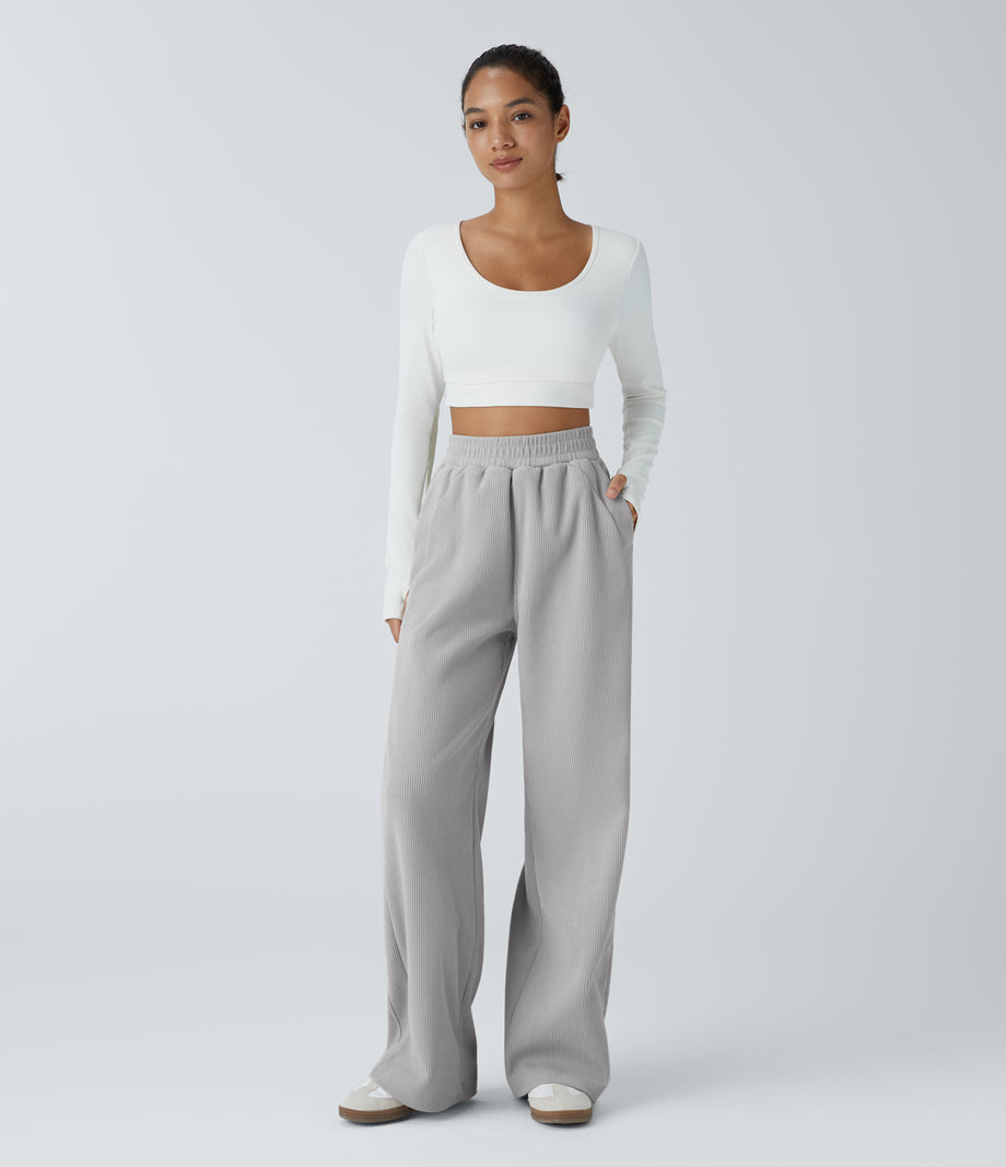 High Waisted Pocket Straight Leg Baggy Mop Corduroy Casual Pants - Glacier Gray