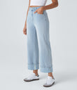 Halara Flex™ High Waisted Pockets Rolled Hem Wide Leg Washed Casual Jeans - Light Azure Denim