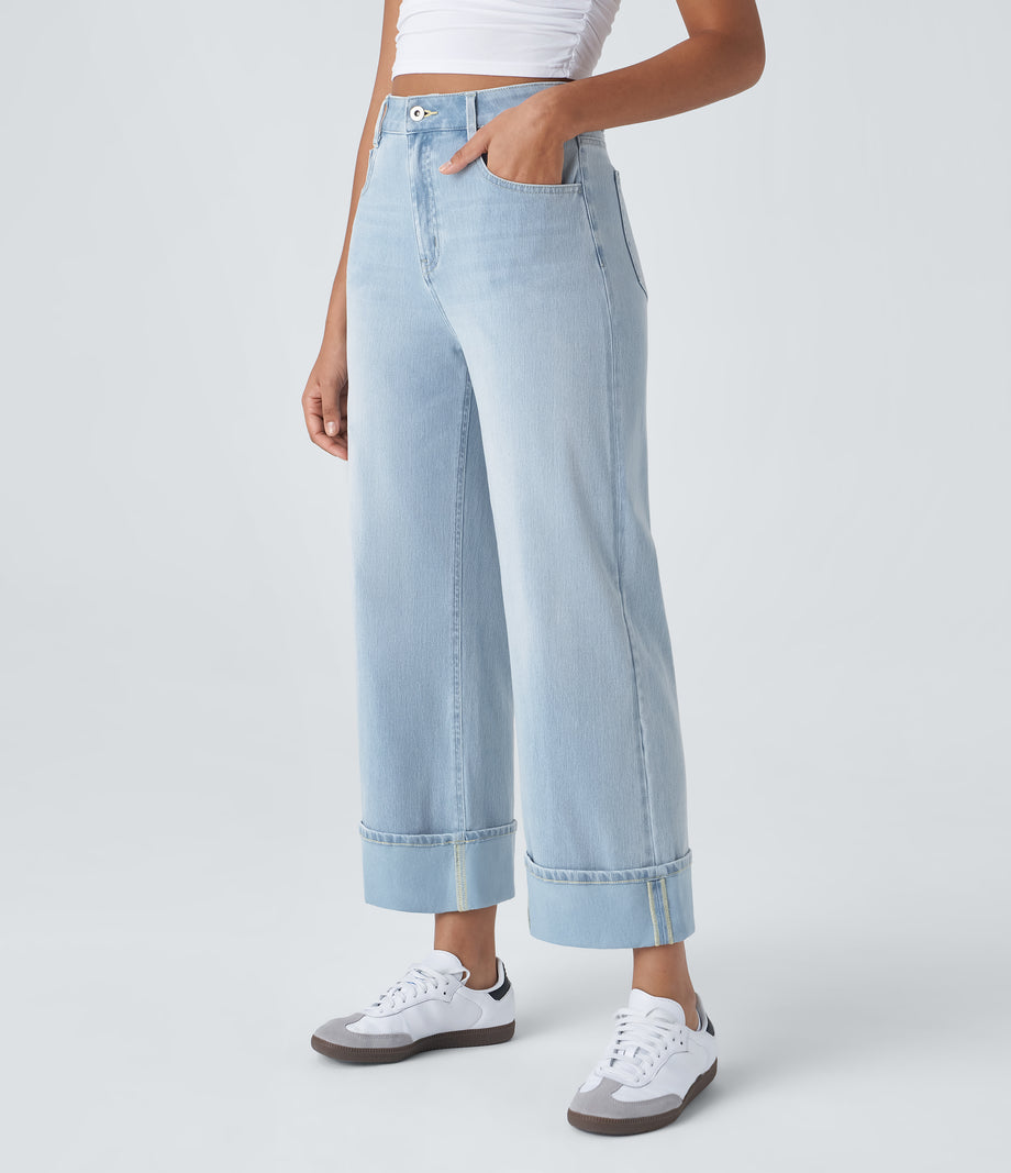 Halara Flex™ High Waisted Pockets Rolled Hem Wide Leg Washed Casual Jeans - Light Azure Denim
