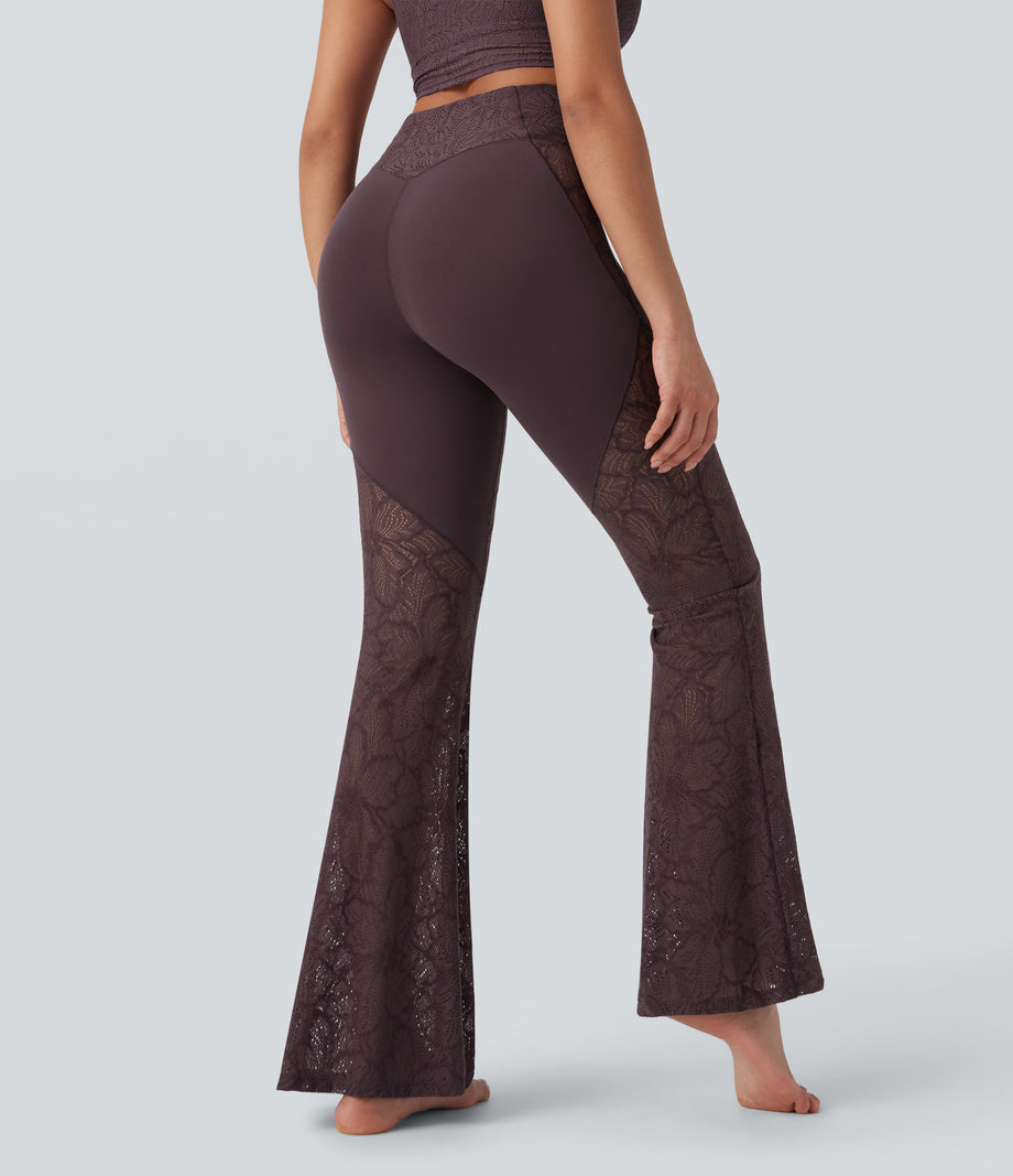 SoftlyZero™ High Waisted Crossover Pocket Contrast Lace Flare Yoga Leggings - Dusky Evening purple
