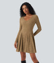 Ribbed Knit V Neck Long Sleeve Flare Mini Casual Dress with Pockets - Tan