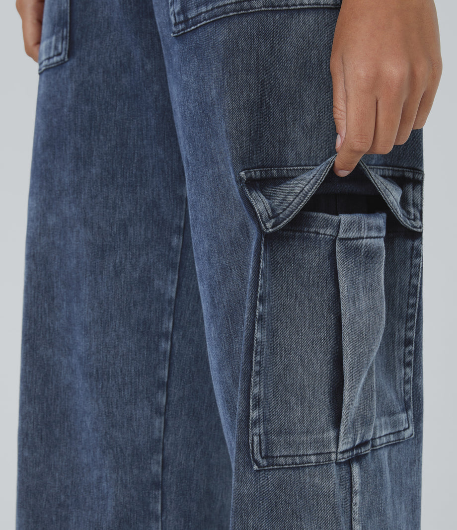 Halara Flex™ Mid Rise Pockets Straight Leg Casual Cargo Jeans - Washed Denim Bleached Blue
